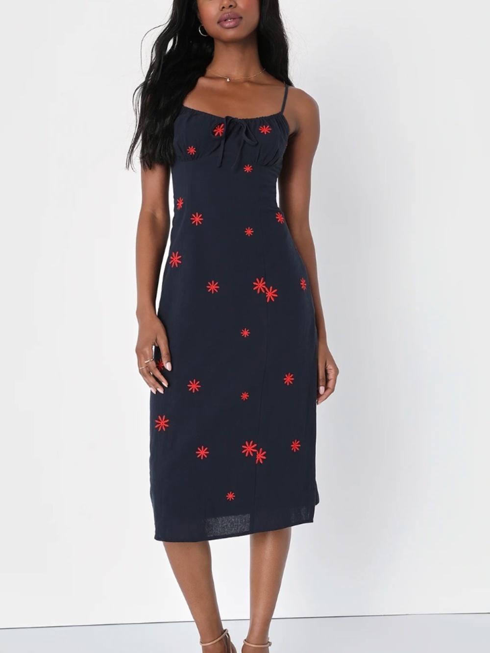 Adorable Dream Navy Blue Embroidered Empire Waist Midi Dress